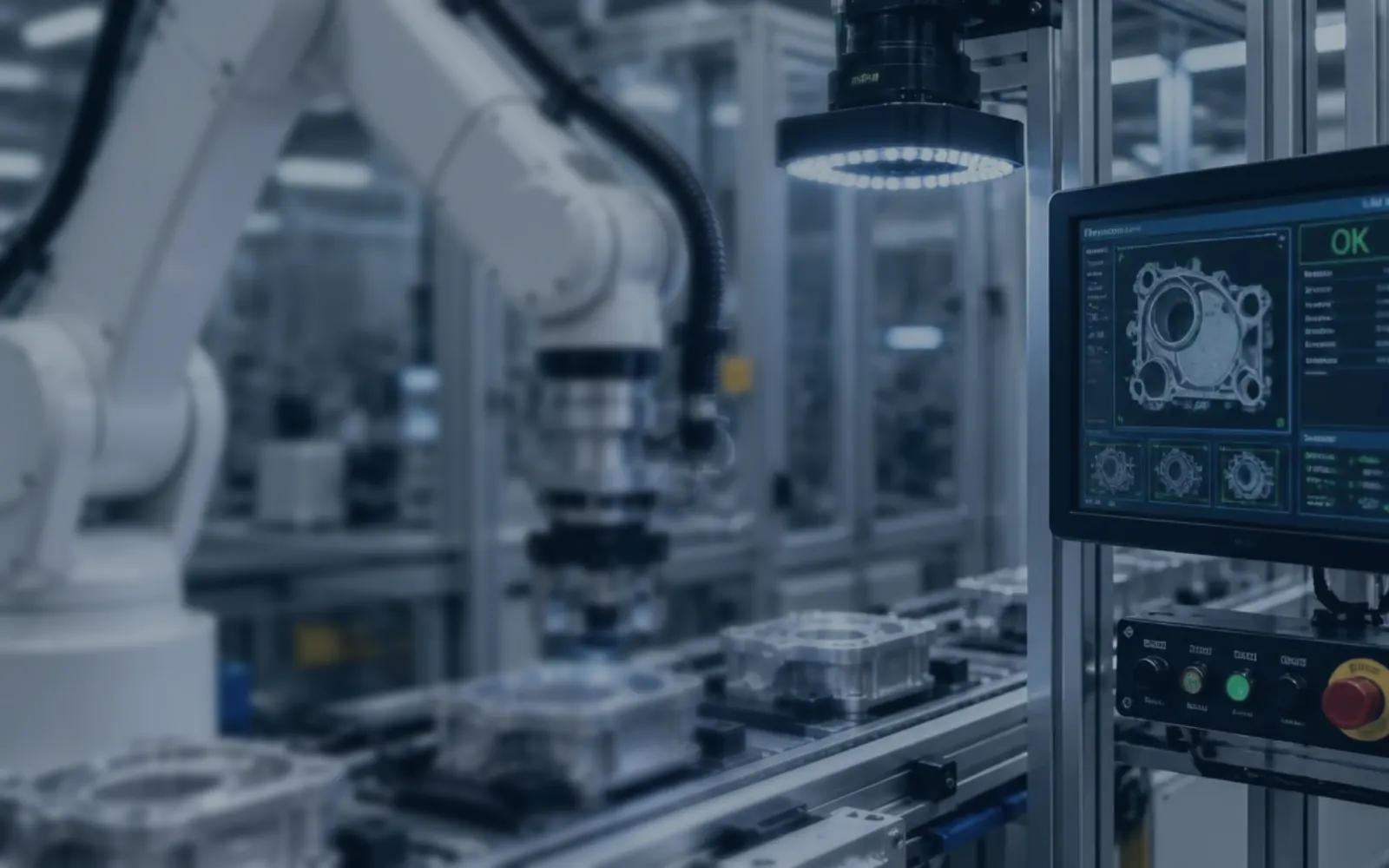Robotic arm and machine-vision inspection station on a manufacturing line