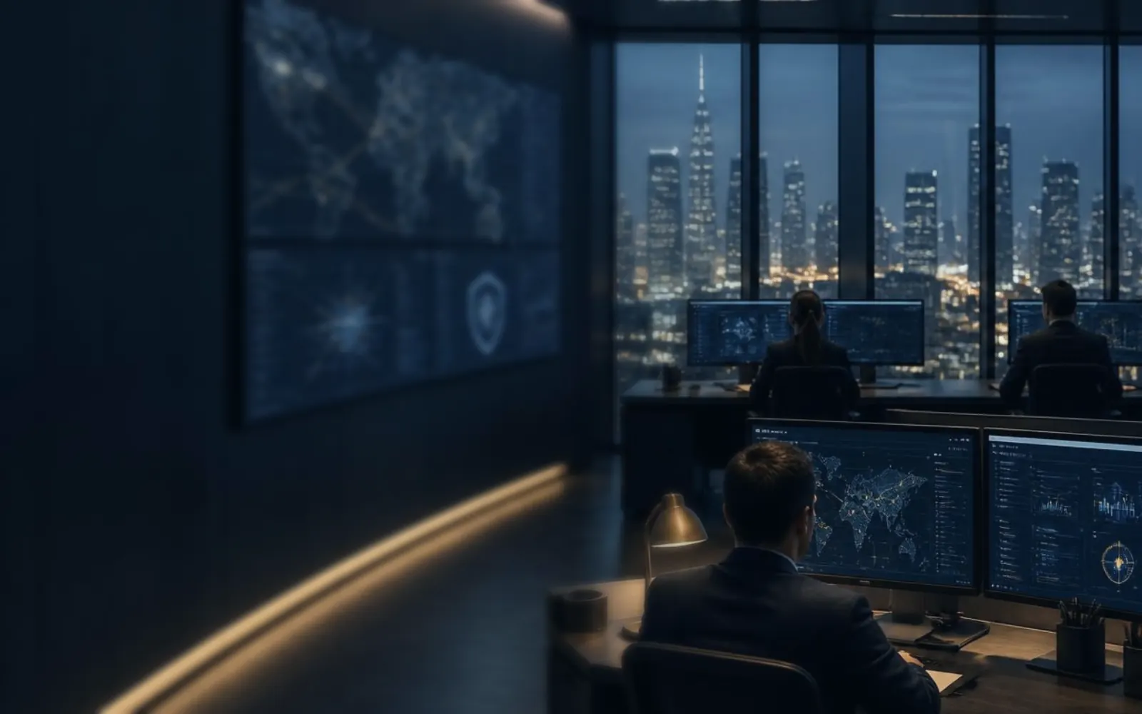 Cybersecurity operations centre with threat-monitoring screens overlooking a city skyline at night