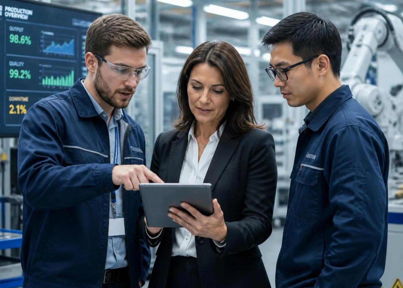Engineers and business leaders reviewing an automation line