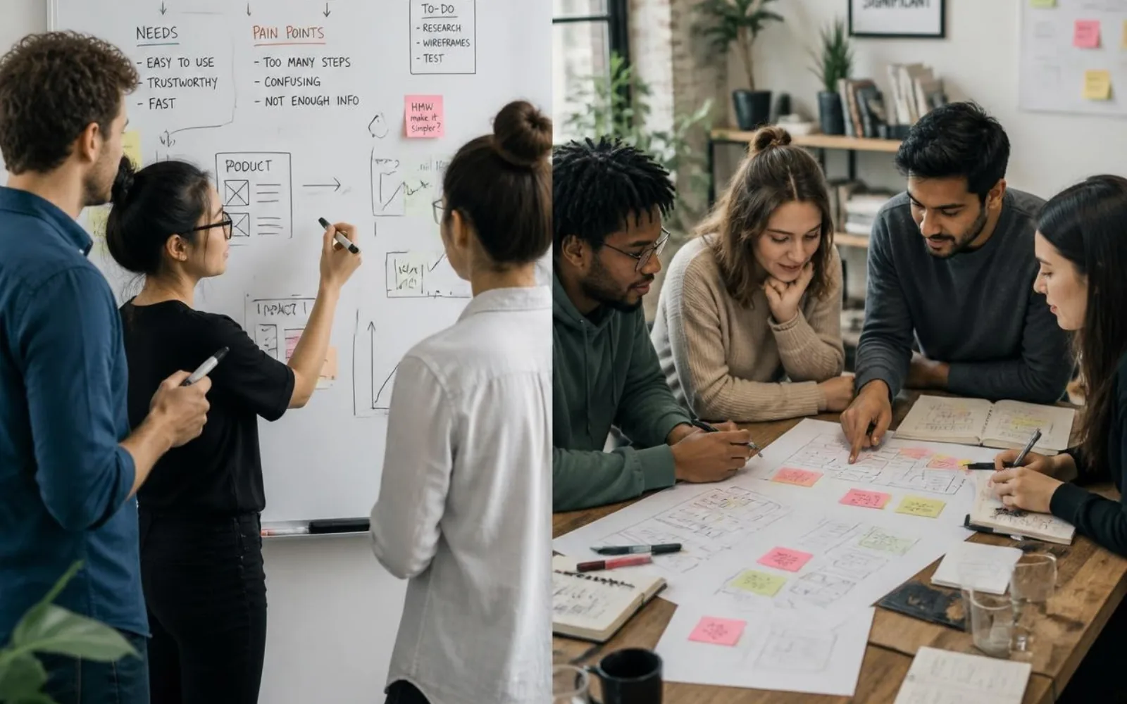 Two partner teams planning joint accounts around a whiteboard