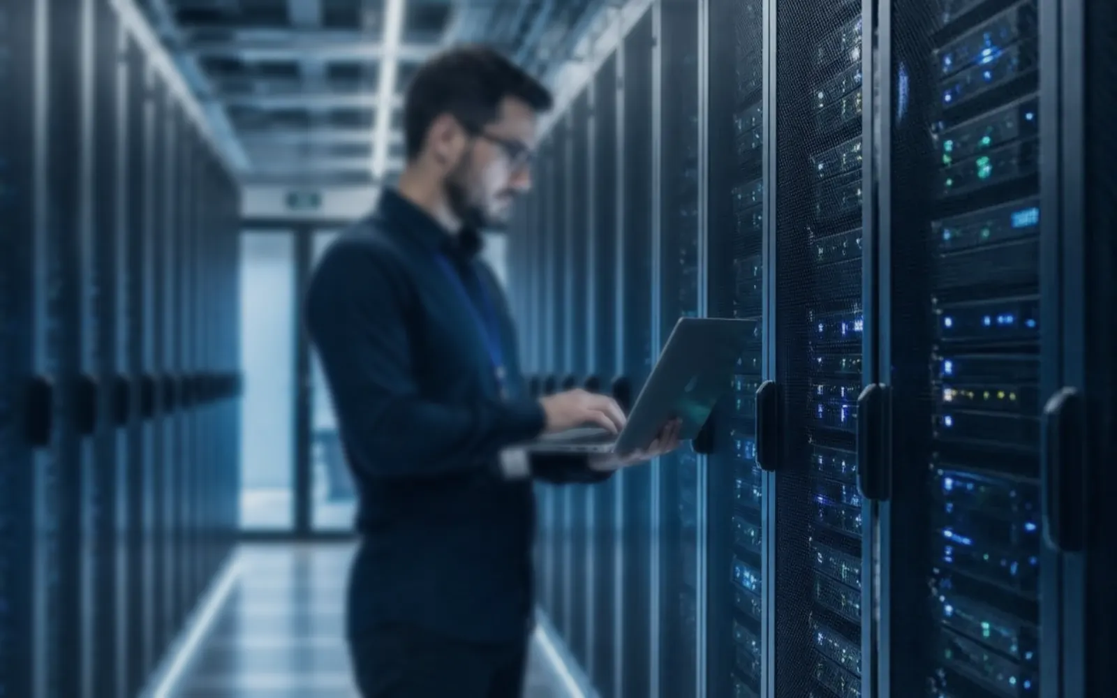 Engineer walking through a modern data centre aisle