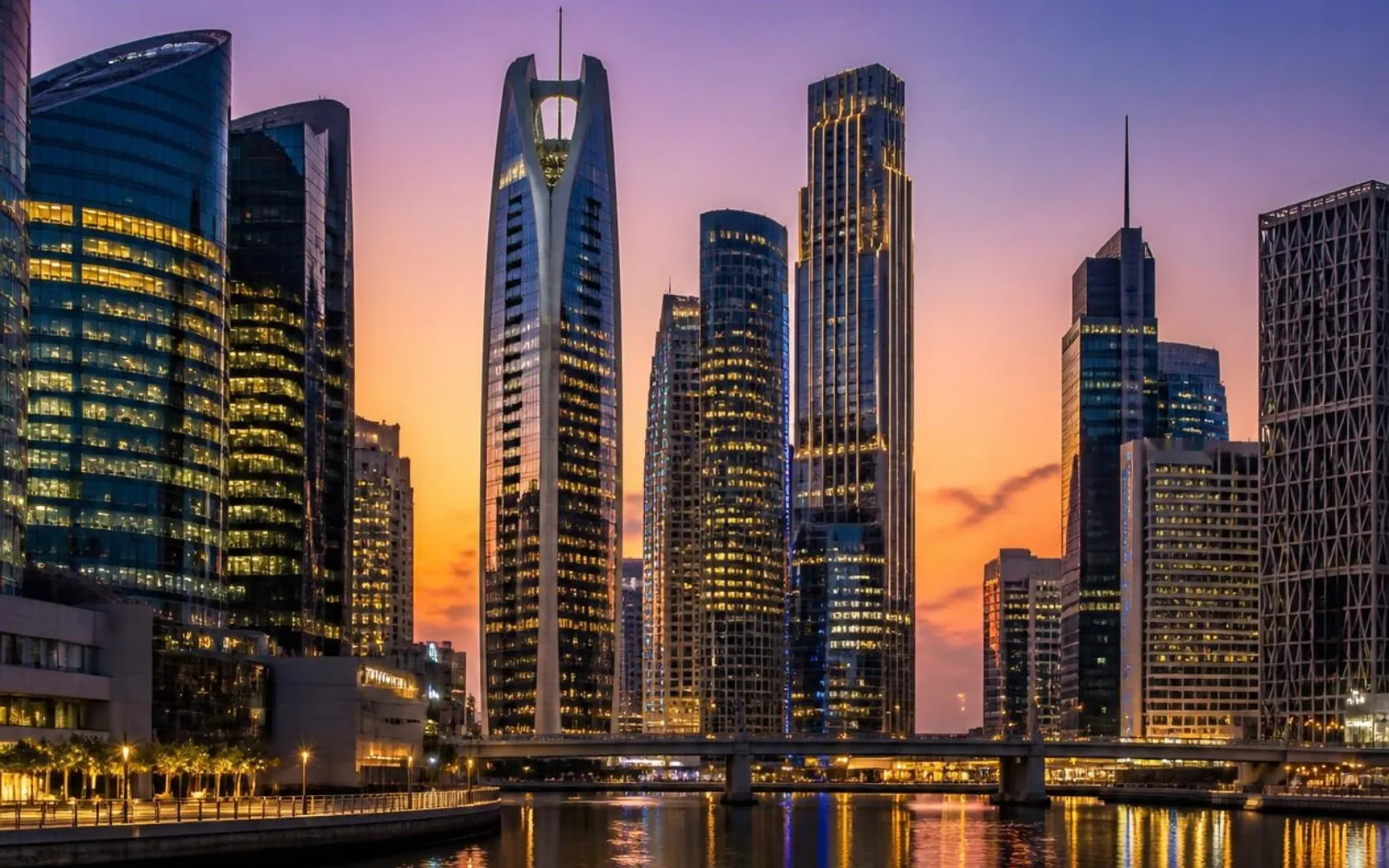 Dubai business district skyline in the early evening